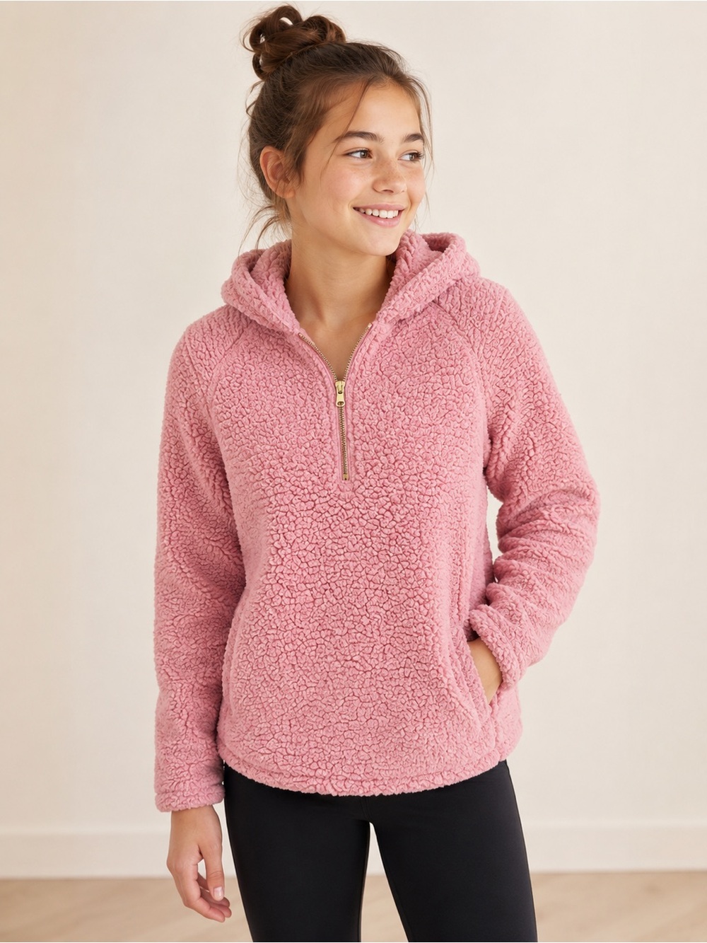 Old Navy Active Girls Pink Sherpa Fleece Quarter Zip Hoodie XL 14